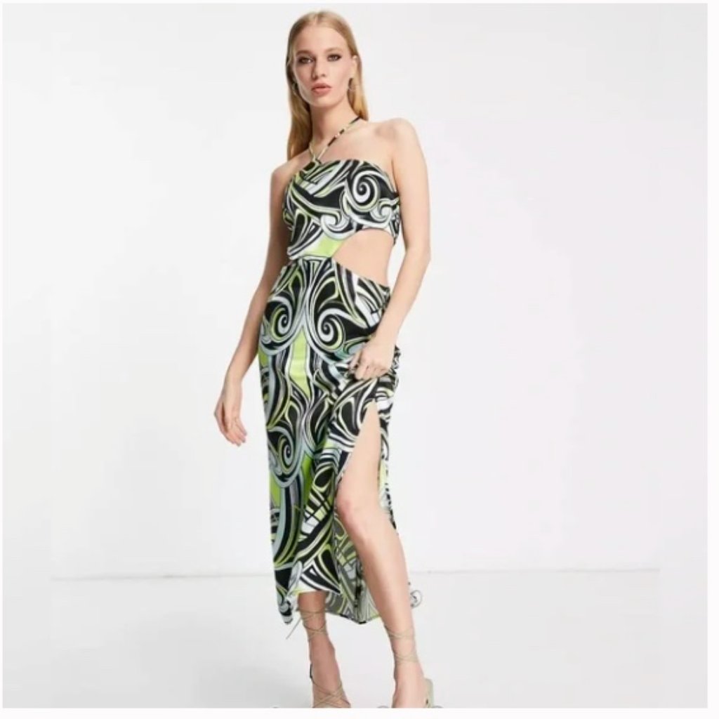 Topshop Graphic Swirl Halter Midi Dress In Multi Black Green Blue Size 14 Nwt*